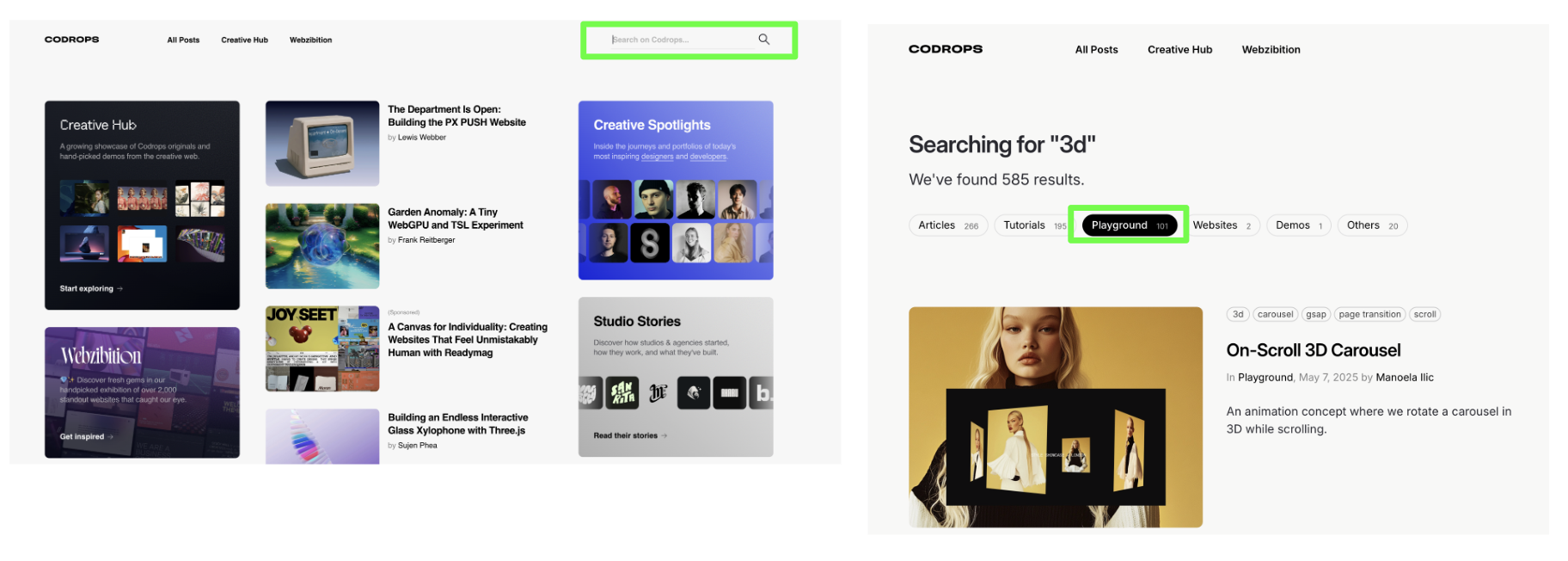 Codrops homepage with the search box highlighted beside search results for 3D with the Playground category highlighted