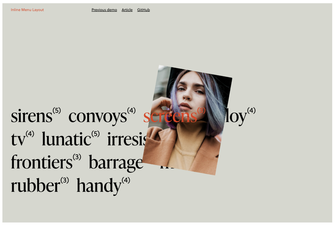 Tympanus Inline Menu Layout demo showing oversized text links with a portrait appearing over the hovered item