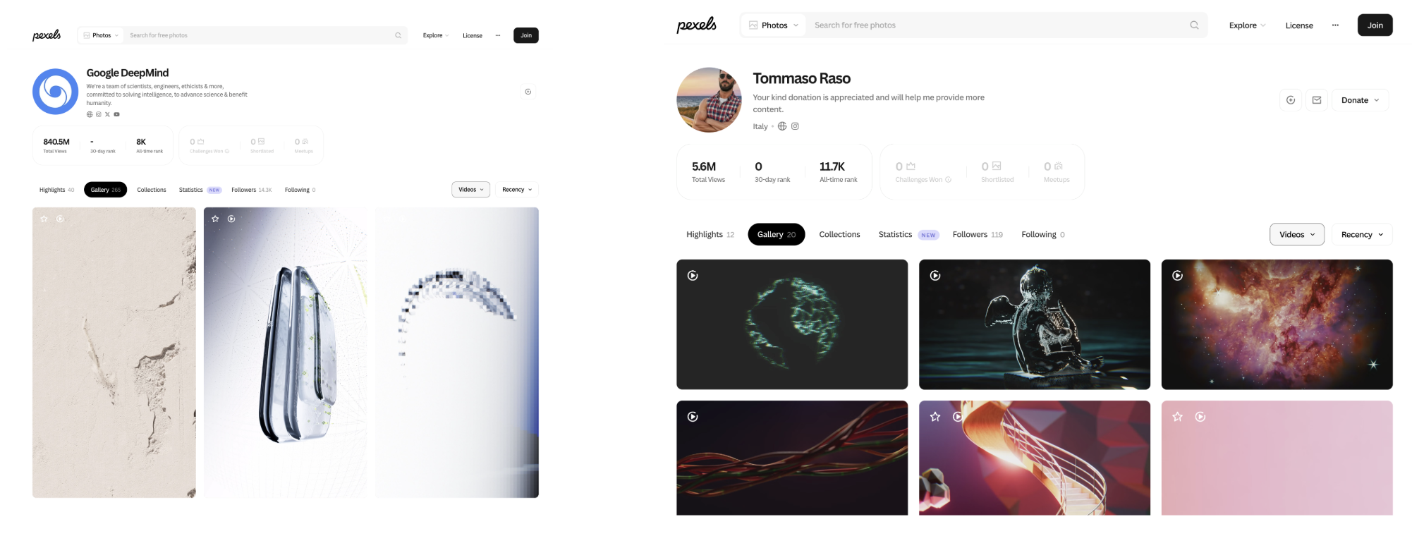 Pexels galleries for Google DeepMind and Tommaso Raso showing abstract video thumbnails