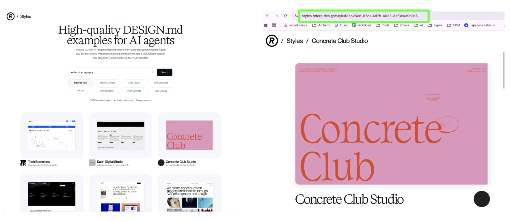 Refero Styles search results for editorial typography beside an opened design detail page with its URL highlighted